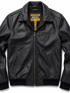 Superdry Super Speed Leather Jacket Black Italian Leather Moto Slim Fit Sz L